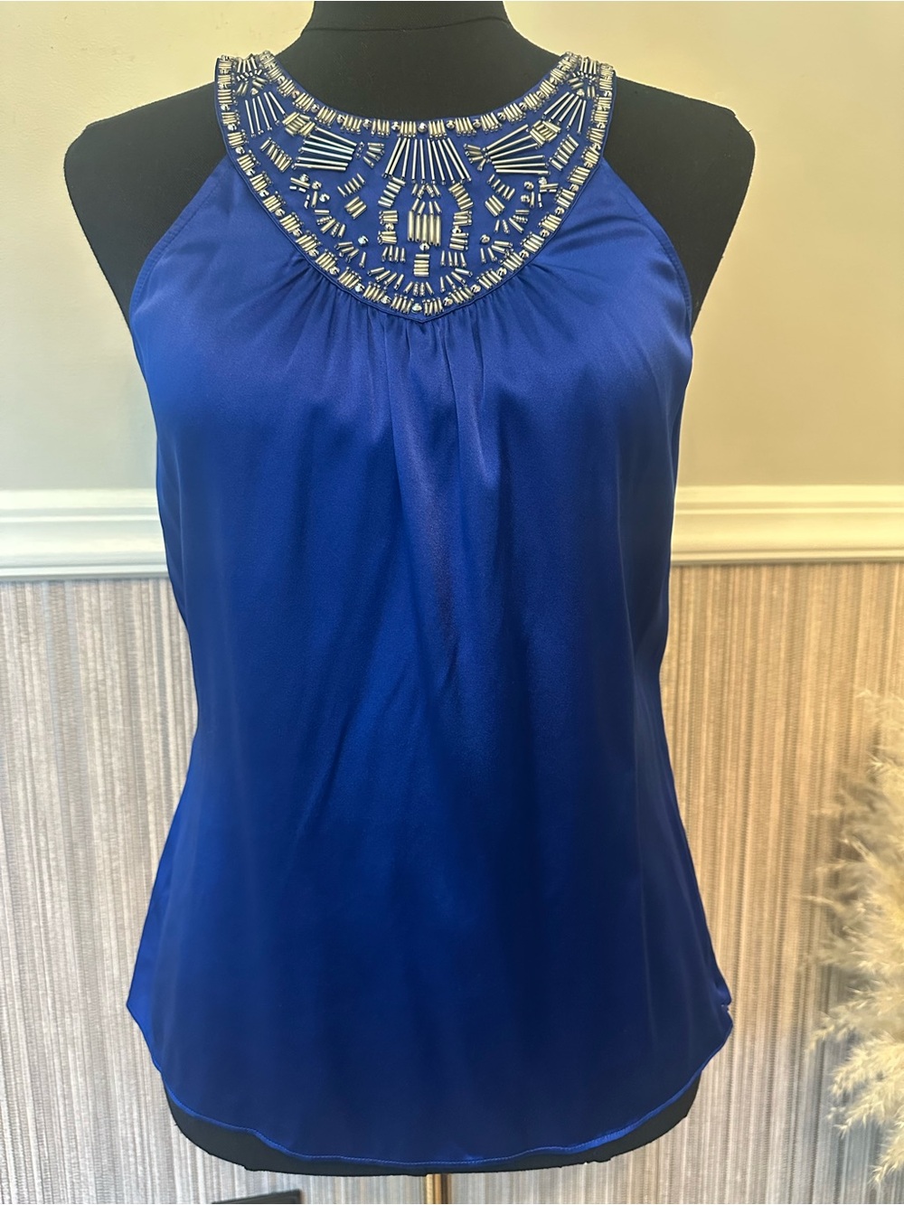Cache 95% Silk Beaded Halter Tank Top Royal Blue XS NWT